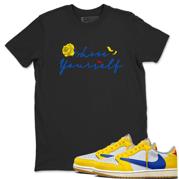 AJ1 Travis Scott Canary shirt to match jordans Love Yourself sneaker tees Air Jordan 1 Travis Scott Canary SNRT Sneaker Release Tees unisex cotton Black 1 crew neck shirt
