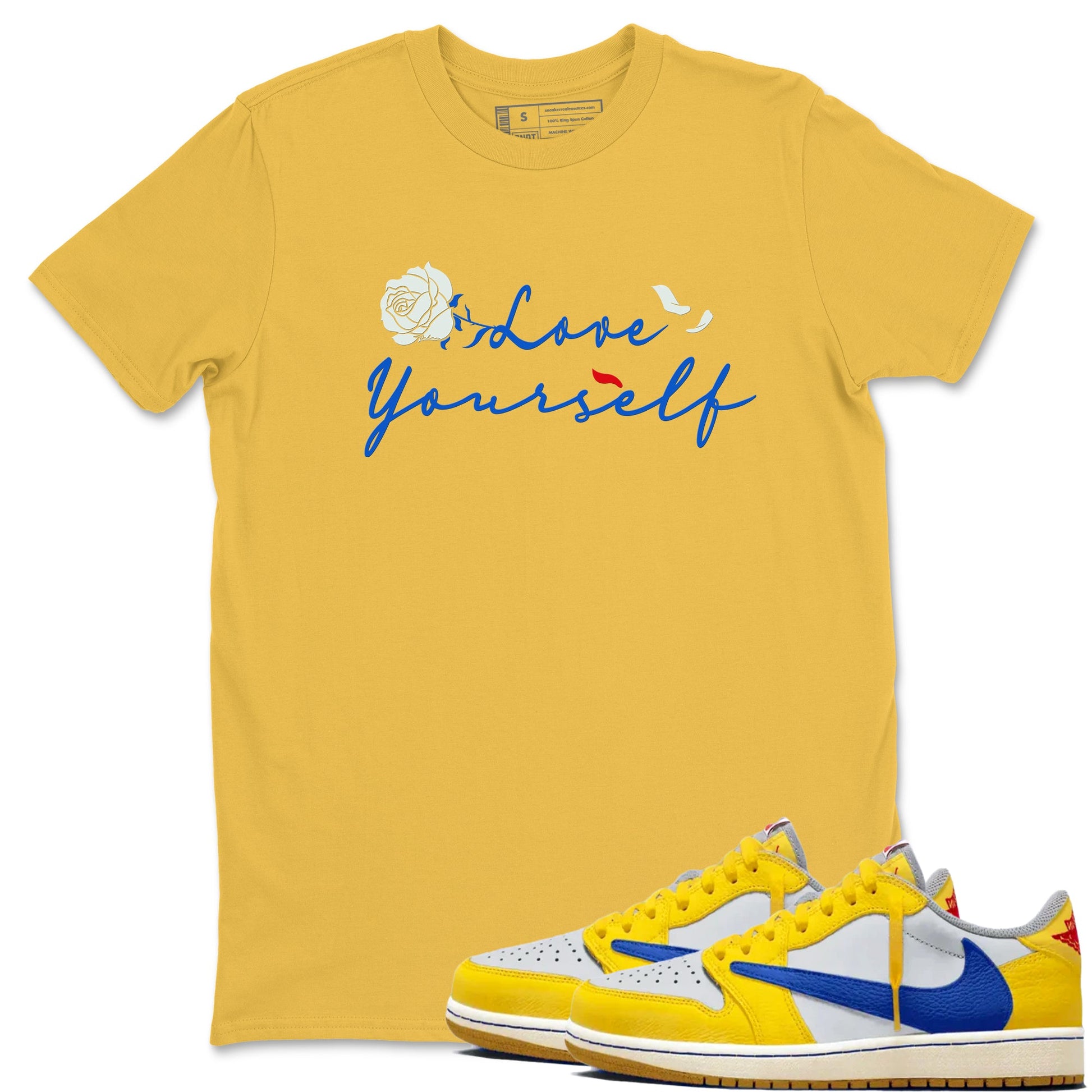 AJ1 Travis Scott Canary shirt to match jordans Love Yourself sneaker tees Air Jordan 1 Travis Scott Canary SNRT Sneaker Release Tees unisex cotton Daisy 1 crew neck shirt