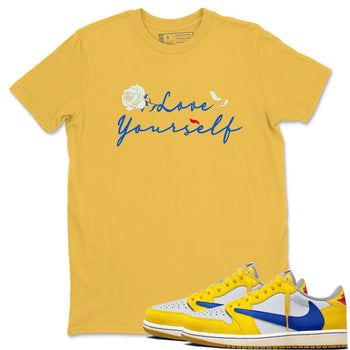 AJ1 Travis Scott Canary shirt to match jordans Love Yourself sneaker tees Air Jordan 1 Travis Scott Canary SNRT Sneaker Release Tees unisex cotton Daisy 1 crew neck shirt