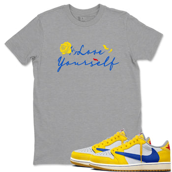 AJ1 Travis Scott Canary shirt to match jordans Love Yourself sneaker tees Air Jordan 1 Travis Scott Canary SNRT Sneaker Release Tees unisex cotton Heather Grey 1 crew neck shirt