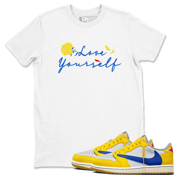 AJ1 Travis Scott Canary shirt to match jordans Love Yourself sneaker tees Air Jordan 1 Travis Scott Canary SNRT Sneaker Release Tees unisex cotton White 1 crew neck shirt