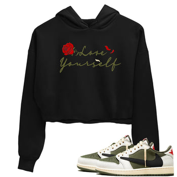 1s Travis Scott Medium Olive shirts to match jordans Love Yourself sneaker match tees Air Jordan 1 Travis Scott Medium Olive match shoes to clothes SNRT Sneaker Tees unisex cotton Black 1 crop tee