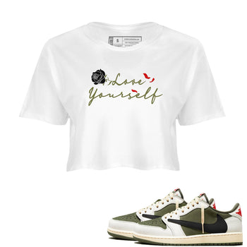 1s Travis Scott Medium Olive shirts to match jordans Love Yourself sneaker match tees Air Jordan 1 Travis Scott Medium Olive match shoes to clothes SNRT Sneaker Tees unisex cotton White 1 crop tee