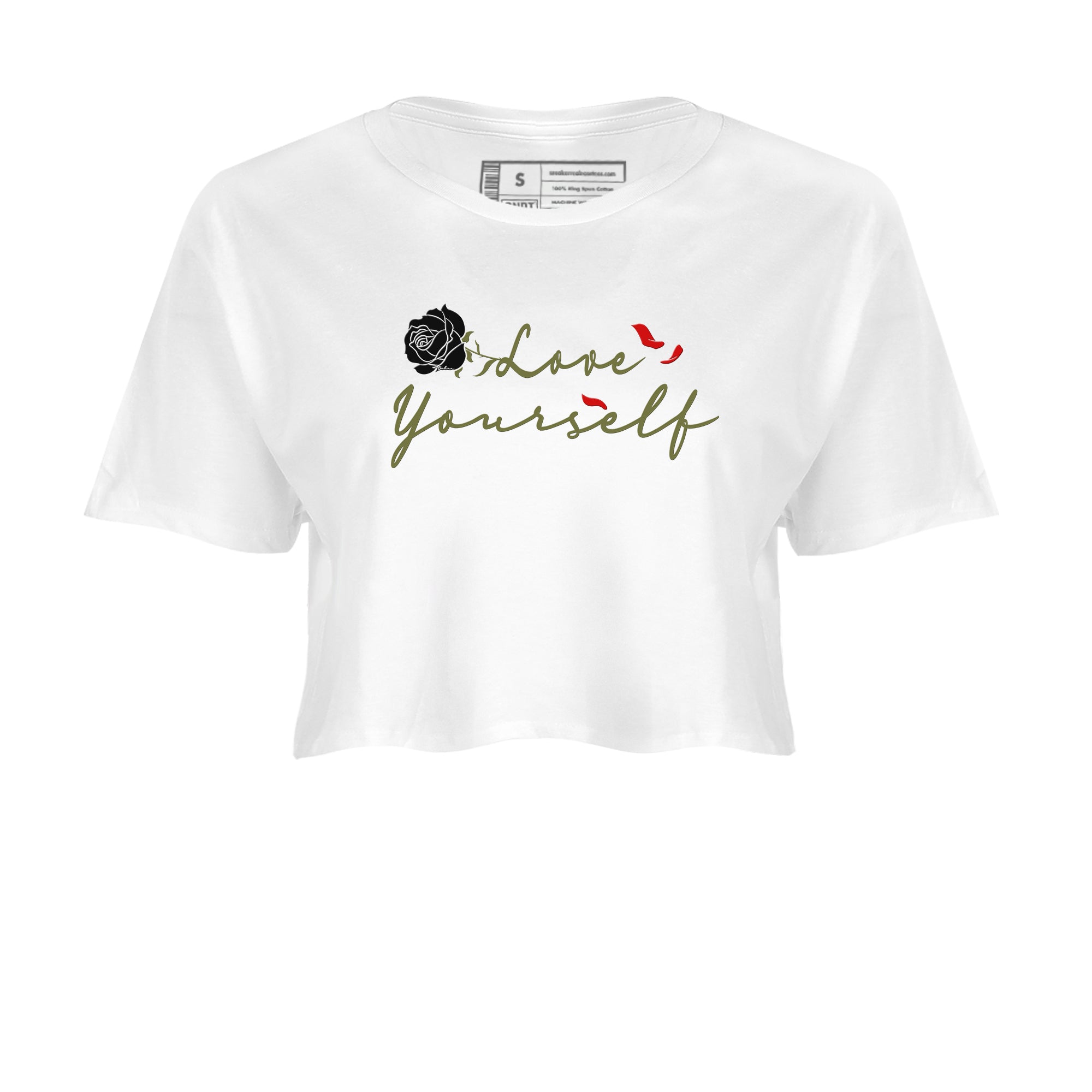 1s Travis Scott Medium Olive shirts to match jordans Love Yourself sneaker match tees Air Jordan 1 Travis Scott Medium Olive match shoes to clothes SNRT Sneaker Tees unisex cotton White 2 crop tee