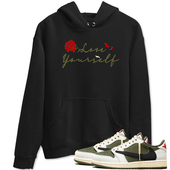 1s Travis Scott Medium Olive shirts to match jordans Love Yourself sneaker match tees Air Jordan 1 Travis Scott Medium Olive match shoes to clothes SNRT Sneaker Tees unisex cotton Black 1 shirts