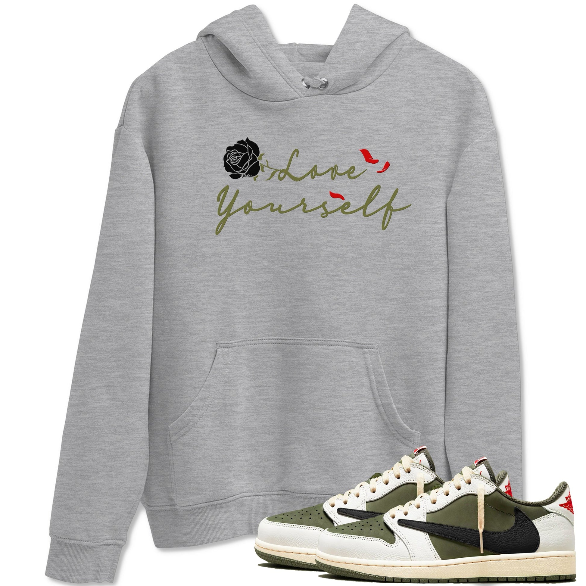1s Travis Scott Medium Olive shirts to match jordans Love Yourself sneaker match tees Air Jordan 1 Travis Scott Medium Olive match shoes to clothes SNRT Sneaker Tees unisex cotton Heather Grey 1 shirts