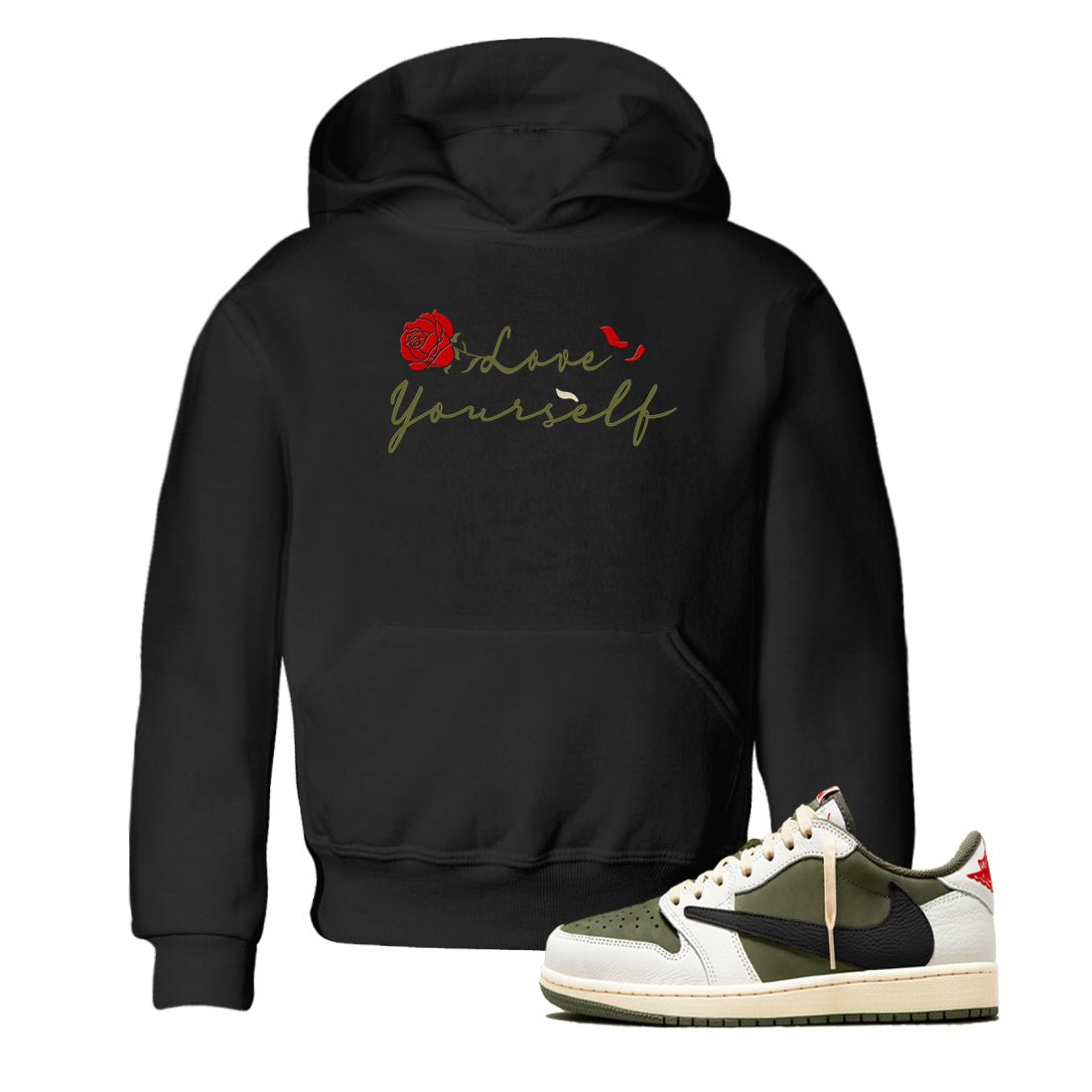 1s Travis Scott Medium Olive shirts to match jordans Love Yourself sneaker match tees Air Jordan 1 Travis Scott Medium Olive match shoes to clothes SNRT Sneaker Tees Youth Baby Black 1 tee