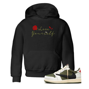 1s Travis Scott Medium Olive shirts to match jordans Love Yourself sneaker match tees Air Jordan 1 Travis Scott Medium Olive match shoes to clothes SNRT Sneaker Tees Youth Baby Black 1 tee