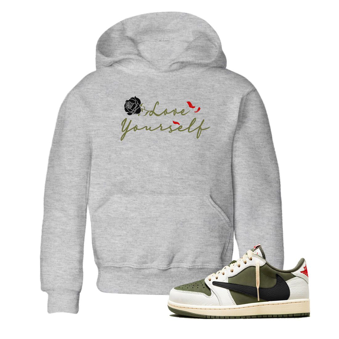 1s Travis Scott Medium Olive shirts to match jordans Love Yourself sneaker match tees Air Jordan 1 Travis Scott Medium Olive match shoes to clothes SNRT Sneaker Tees Youth Baby Heather Grey 1 tee