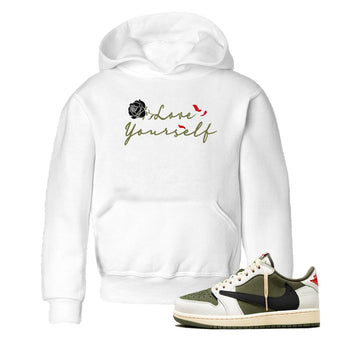 1s Travis Scott Medium Olive shirts to match jordans Love Yourself sneaker match tees Air Jordan 1 Travis Scott Medium Olive match shoes to clothes SNRT Sneaker Tees Youth Baby White 1 tee