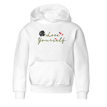 1s Travis Scott Medium Olive shirts to match jordans Love Yourself sneaker match tees Air Jordan 1 Travis Scott Medium Olive match shoes to clothes SNRT Sneaker Tees Youth Baby White 2 tee