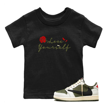 1s Travis Scott Medium Olive shirts to match jordans Love Yourself sneaker match tees Air Jordan 1 Travis Scott Medium Olive match shoes to clothes SNRT Sneaker Tees Youth Baby Black 1 tee