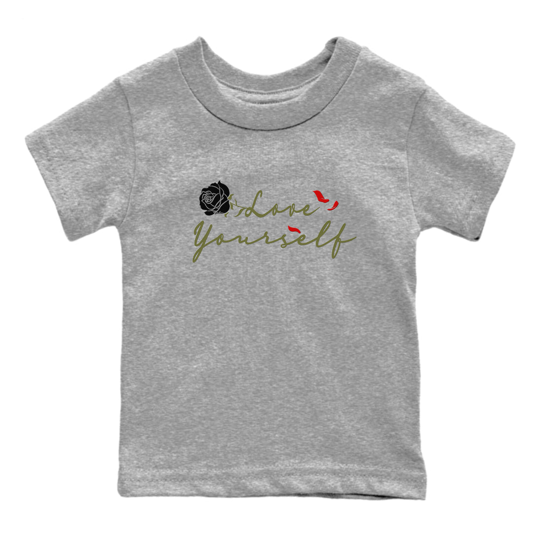 1s Travis Scott Medium Olive shirts to match jordans Love Yourself sneaker match tees Air Jordan 1 Travis Scott Medium Olive match shoes to clothes SNRT Sneaker Tees Youth Baby Heather Grey 2 tee