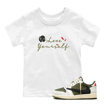 1s Travis Scott Medium Olive shirts to match jordans Love Yourself sneaker match tees Air Jordan 1 Travis Scott Medium Olive match shoes to clothes SNRT Sneaker Tees Youth Baby White 1 tee