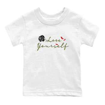 1s Travis Scott Medium Olive shirts to match jordans Love Yourself sneaker match tees Air Jordan 1 Travis Scott Medium Olive match shoes to clothes SNRT Sneaker Tees Youth Baby White 2 tee