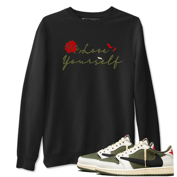 1s Travis Scott Medium Olive shirts to match jordans Love Yourself sneaker match tees Air Jordan 1 Travis Scott Medium Olive match shoes to clothes SNRT Sneaker Tees unisex cotton Black 1 shirts