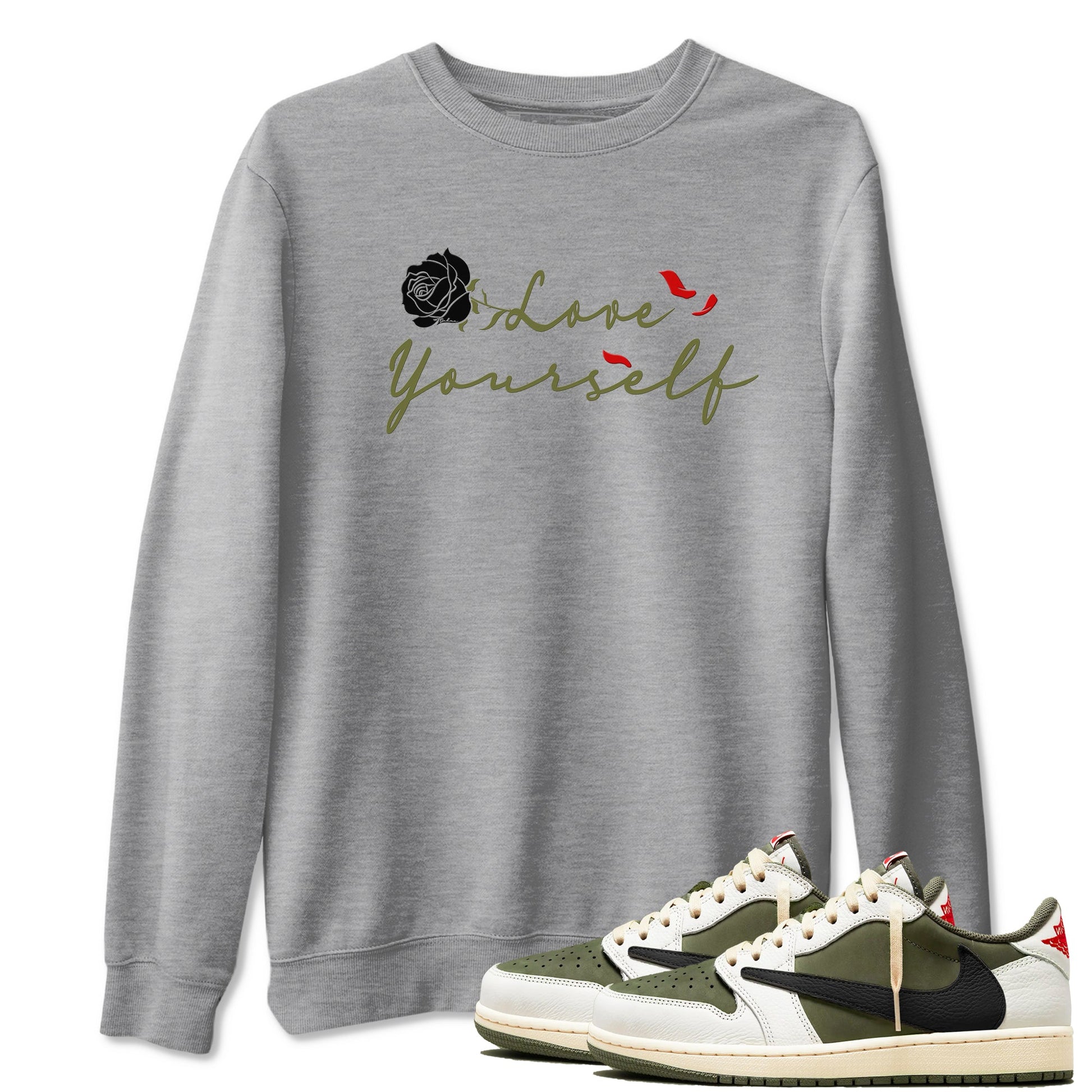 1s Travis Scott Medium Olive shirts to match jordans Love Yourself sneaker match tees Air Jordan 1 Travis Scott Medium Olive match shoes to clothes SNRT Sneaker Tees unisex cotton Heather Grey 1 shirts