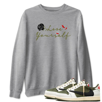 1s Travis Scott Medium Olive shirts to match jordans Love Yourself sneaker match tees Air Jordan 1 Travis Scott Medium Olive match shoes to clothes SNRT Sneaker Tees unisex cotton Heather Grey 1 shirts