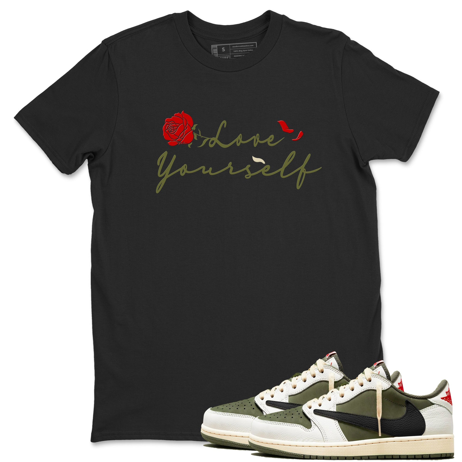 1s Travis Scott Medium Olive shirts to match jordans Love Yourself sneaker match tees Air Jordan 1 Travis Scott Medium Olive match shoes to clothes SNRT Sneaker Tees unisex cotton Black 1 shirts