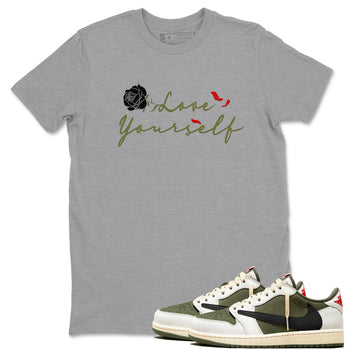 1s Travis Scott Medium Olive shirts to match jordans Love Yourself sneaker match tees Air Jordan 1 Travis Scott Medium Olive match shoes to clothes SNRT Sneaker Tees unisex cotton Heather Grey 1 shirts