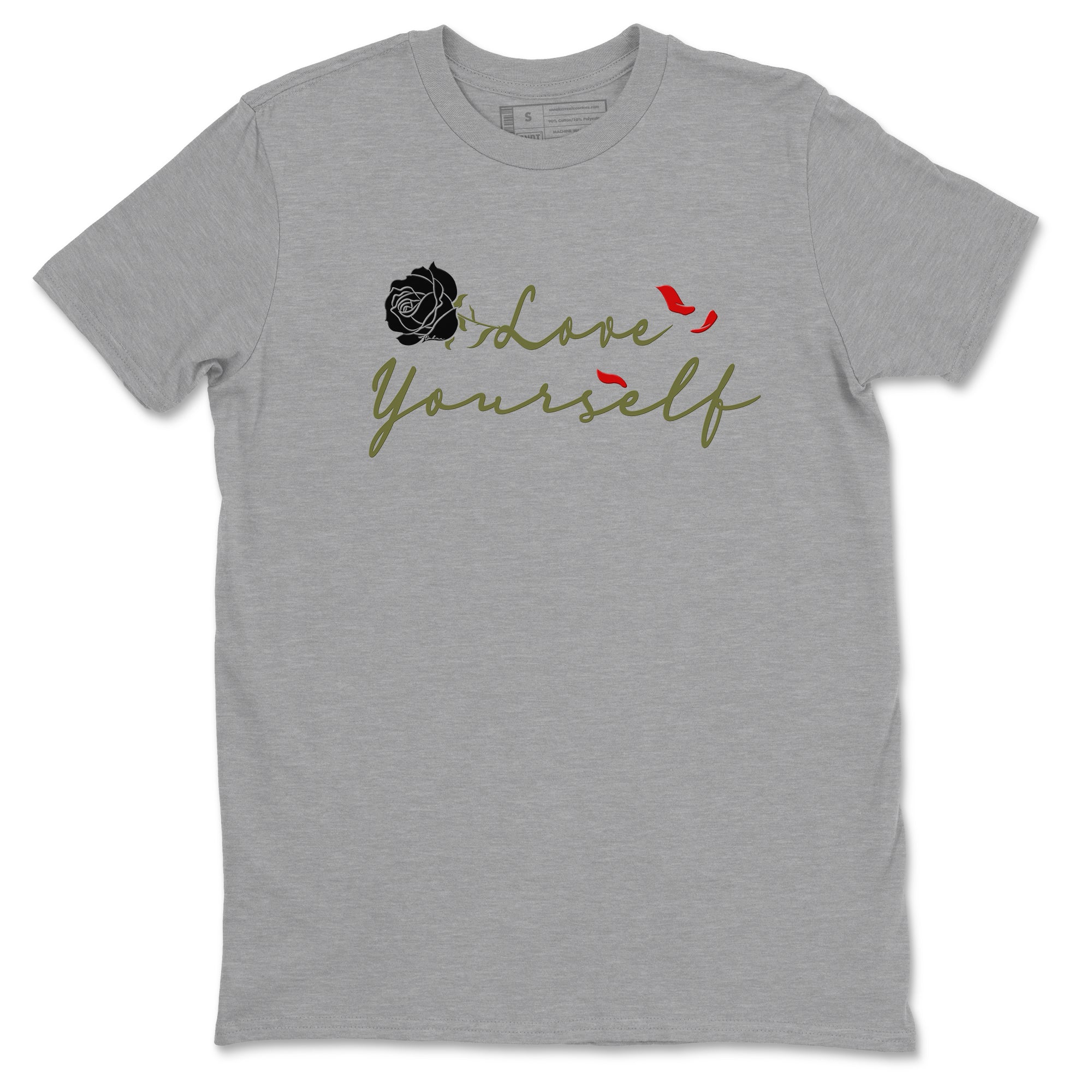 1s Travis Scott Medium Olive shirts to match jordans Love Yourself sneaker match tees Air Jordan 1 Travis Scott Medium Olive match shoes to clothes SNRT Sneaker Tees unisex cotton Heather Grey 2 shirts