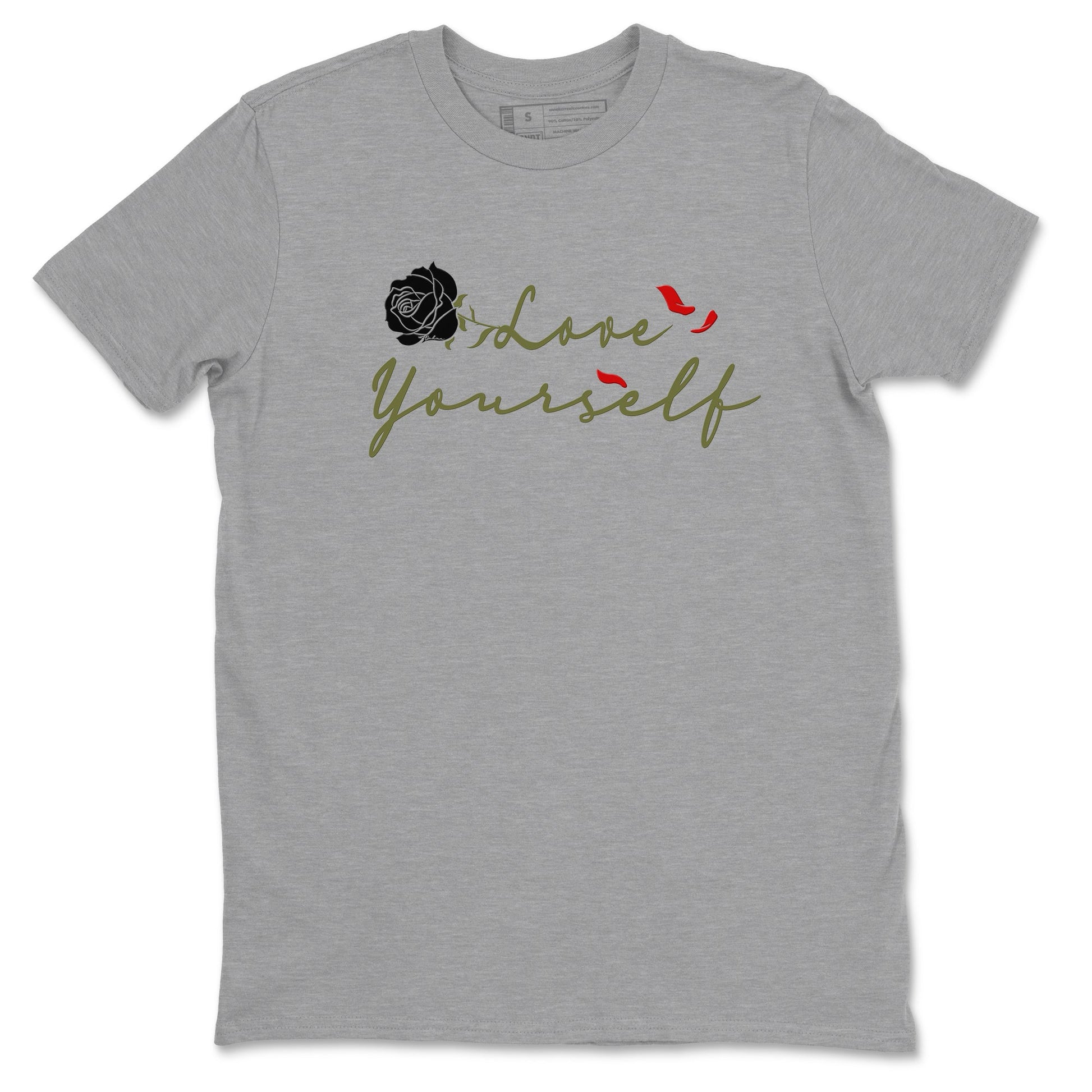1s Travis Scott Medium Olive shirts to match jordans Love Yourself sneaker match tees Air Jordan 1 Travis Scott Medium Olive match shoes to clothes SNRT Sneaker Tees unisex cotton Heather Grey 2 shirts
