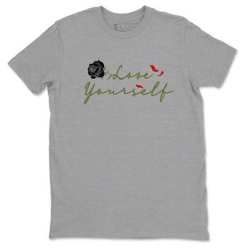 1s Travis Scott Medium Olive shirts to match jordans Love Yourself sneaker match tees Air Jordan 1 Travis Scott Medium Olive match shoes to clothes SNRT Sneaker Tees unisex cotton Heather Grey 2 shirts