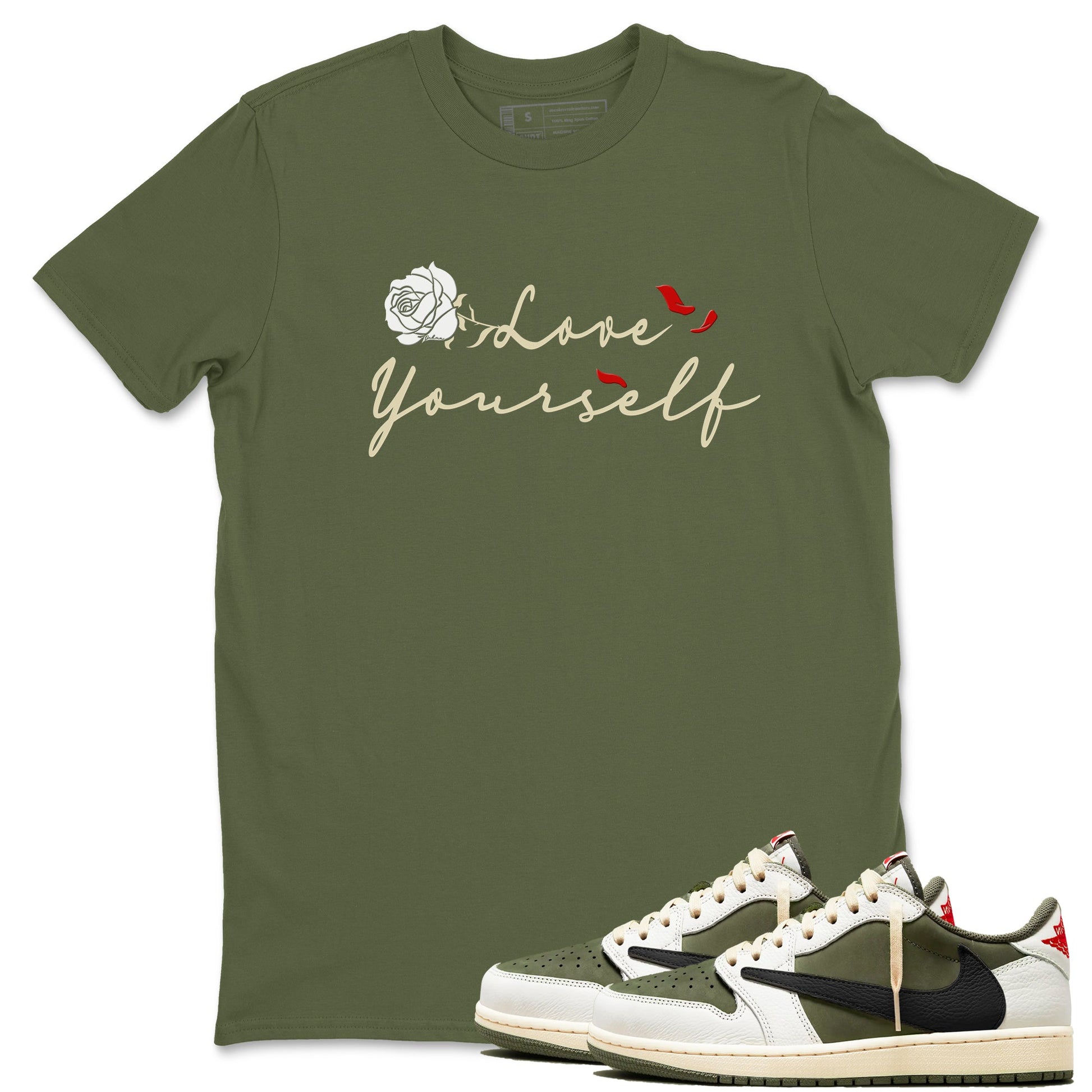 1s Travis Scott Medium Olive shirts to match jordans Love Yourself sneaker match tees Air Jordan 1 Travis Scott Medium Olive match shoes to clothes SNRT Sneaker Tees unisex cotton Military Green 1 shirts