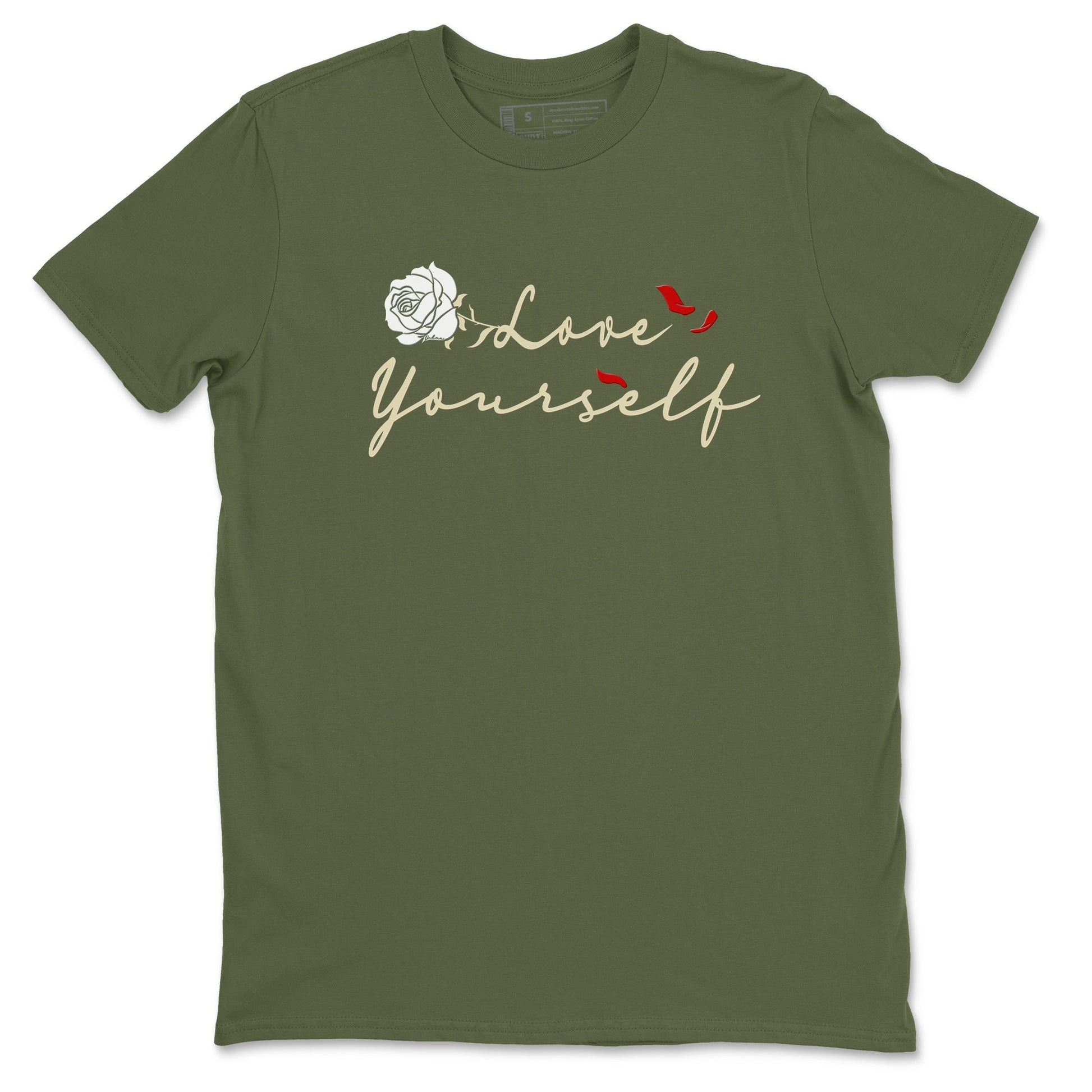 1s Travis Scott Medium Olive shirts to match jordans Love Yourself sneaker match tees Air Jordan 1 Travis Scott Medium Olive match shoes to clothes SNRT Sneaker Tees unisex cotton Military Green 2 shirts