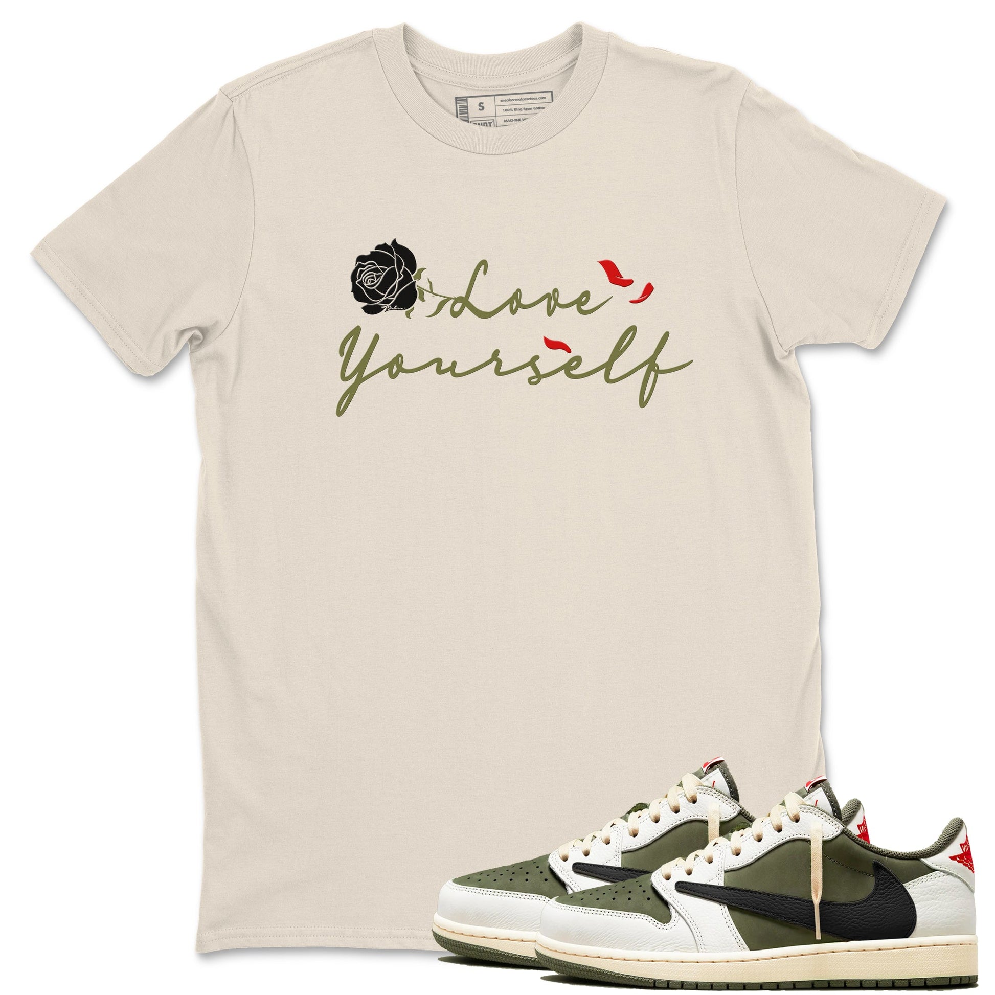 1s Travis Scott Medium Olive shirts to match jordans Love Yourself sneaker match tees Air Jordan 1 Travis Scott Medium Olive match shoes to clothes SNRT Sneaker Tees unisex cotton Natural 1 shirts
