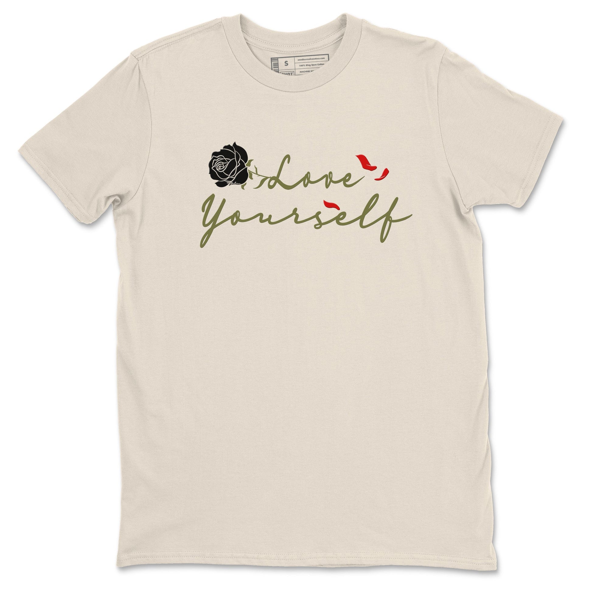 1s Travis Scott Medium Olive shirts to match jordans Love Yourself sneaker match tees Air Jordan 1 Travis Scott Medium Olive match shoes to clothes SNRT Sneaker Tees unisex cotton Natural 2 shirts