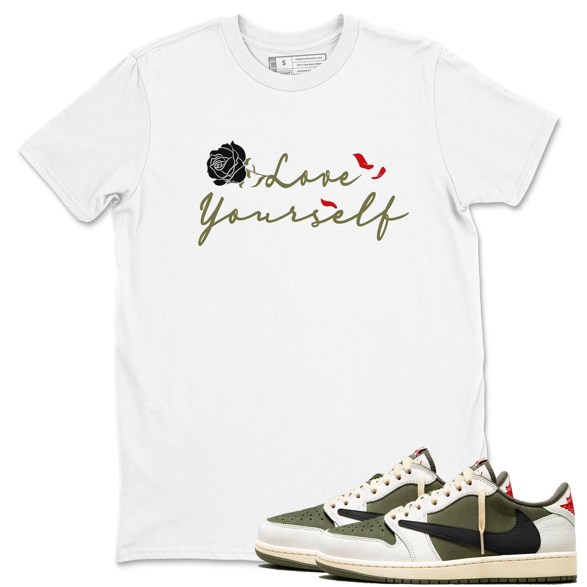 1s Travis Scott Medium Olive shirts to match jordans Love Yourself sneaker match tees Air Jordan 1 Travis Scott Medium Olive match shoes to clothes SNRT Sneaker Tees unisex cotton White 1 shirts