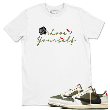 1s Travis Scott Medium Olive shirts to match jordans Love Yourself sneaker match tees Air Jordan 1 Travis Scott Medium Olive match shoes to clothes SNRT Sneaker Tees unisex cotton White 1 shirts