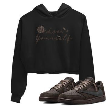 Air Jordan 1 Travis Scott Velvet Brown shirts to match jordans Love Yourself sneaker match tees Travis Scott x Air Jordan 1 Low OG Velvet Brown best t shirts to wear with jordans SNRT Sneaker Tees unisex cotton Black 1 crop tee