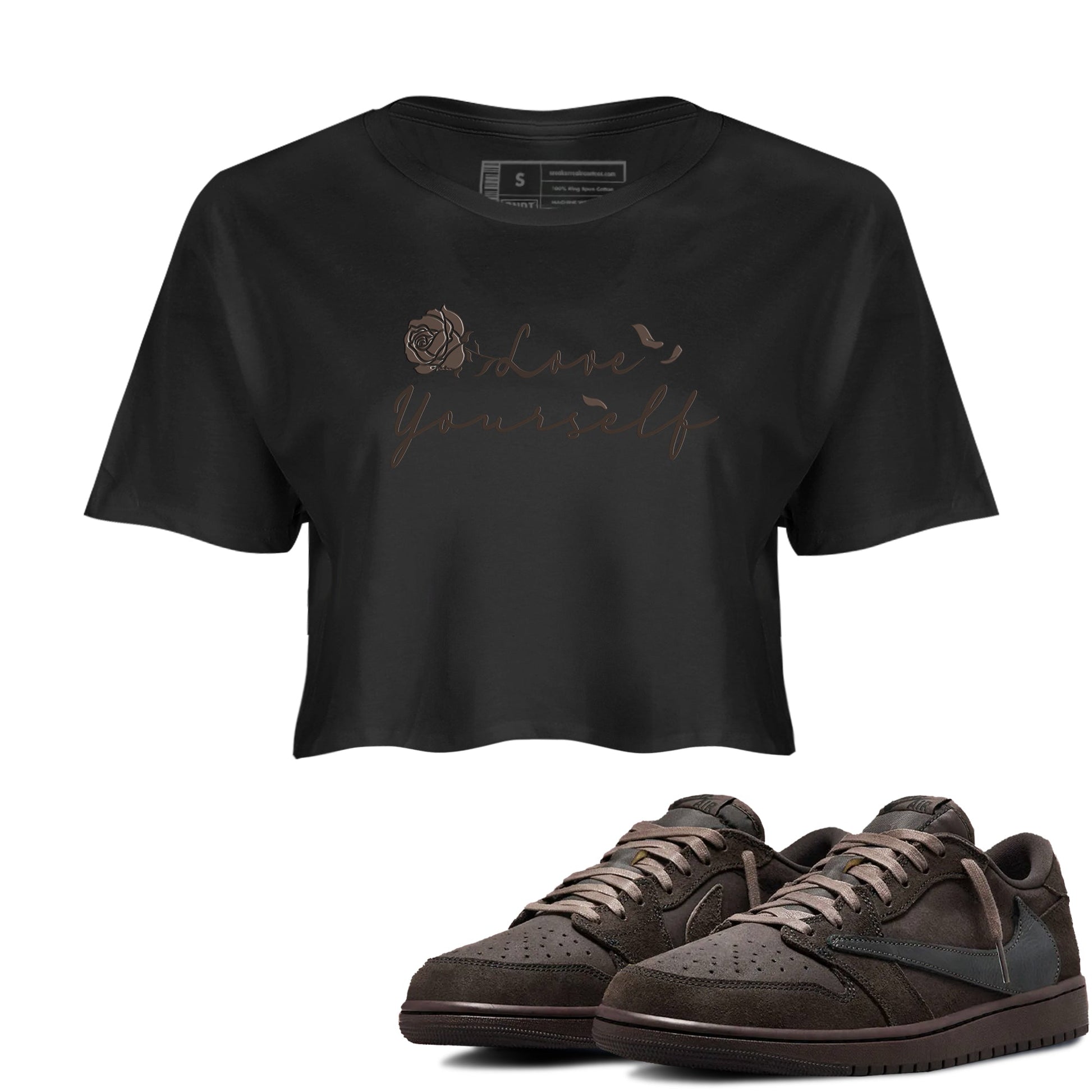 Air Jordan 1 Travis Scott Velvet Brown shirts to match jordans Love Yourself sneaker match tees Travis Scott x Air Jordan 1 Low OG Velvet Brown best t shirts to wear with jordans SNRT Sneaker Tees unisex cotton Black 1 crop tee