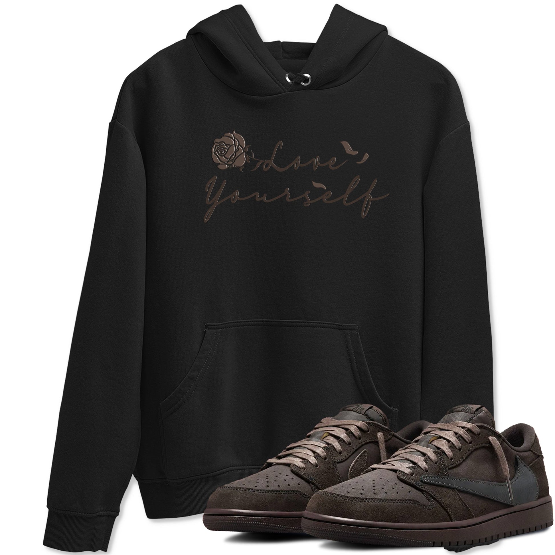 Air Jordan 1 Travis Scott Velvet Brown shirts to match jordans Love Yourself sneaker match tees Travis Scott x Air Jordan 1 Low OG Velvet Brown best t shirts to wear with jordans SNRT Sneaker Tees unisex cotton Black 1 shirts