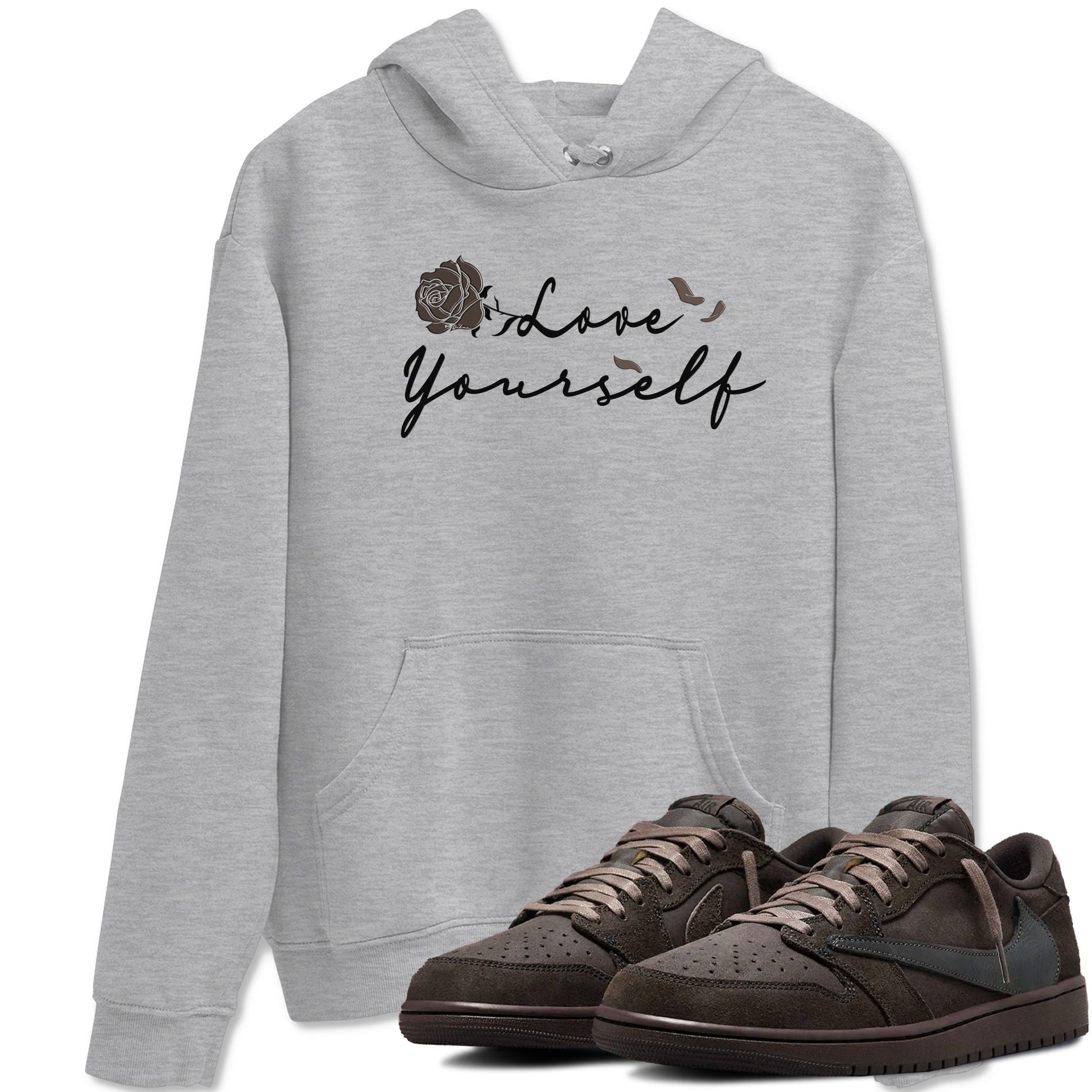 Air Jordan 1 Travis Scott Velvet Brown shirts to match jordans Love Yourself sneaker match tees Travis Scott x Air Jordan 1 Low OG Velvet Brown best t shirts to wear with jordans SNRT Sneaker Tees unisex cotton Heather Grey 1 shirts