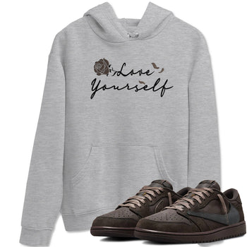 Air Jordan 1 Travis Scott Velvet Brown shirts to match jordans Love Yourself sneaker match tees Travis Scott x Air Jordan 1 Low OG Velvet Brown best t shirts to wear with jordans SNRT Sneaker Tees unisex cotton Heather Grey 1 shirts