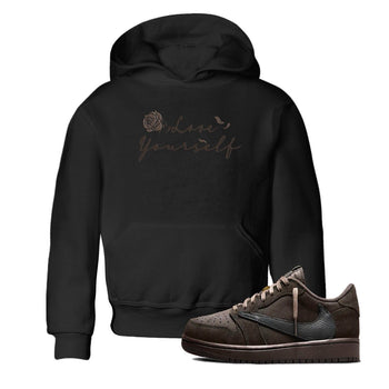 Air Jordan 1 Travis Scott Velvet Brown shirts to match jordans Love Yourself sneaker match tees Travis Scott x Air Jordan 1 Low OG Velvet Brown best t shirts to wear with jordans SNRT Sneaker Tees Youth Baby Black 1 tee