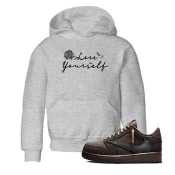 Air Jordan 1 Travis Scott Velvet Brown shirts to match jordans Love Yourself sneaker match tees Travis Scott x Air Jordan 1 Low OG Velvet Brown best t shirts to wear with jordans SNRT Sneaker Tees Youth Baby Heather Grey 1 tee