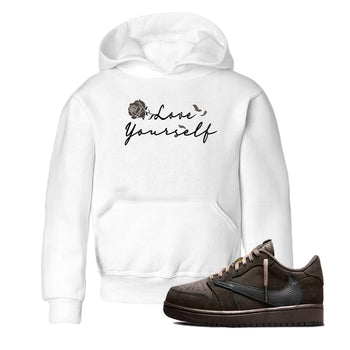 Air Jordan 1 Travis Scott Velvet Brown shirts to match jordans Love Yourself sneaker match tees Travis Scott x Air Jordan 1 Low OG Velvet Brown best t shirts to wear with jordans SNRT Sneaker Tees Youth Baby White 1 tee