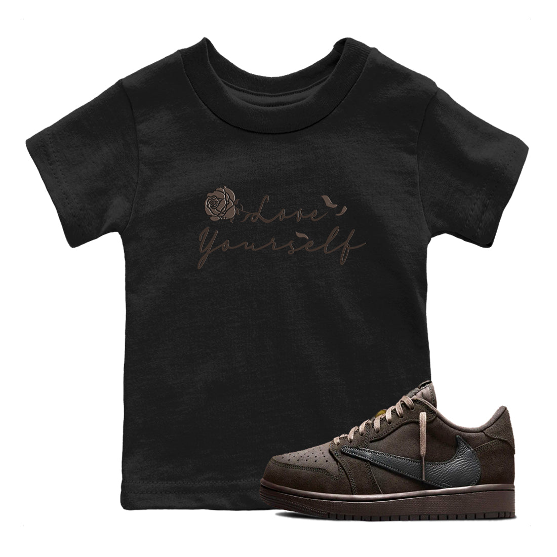 Air Jordan 1 Travis Scott Velvet Brown shirts to match jordans Love Yourself sneaker match tees Travis Scott x Air Jordan 1 Low OG Velvet Brown best t shirts to wear with jordans SNRT Sneaker Tees Youth Baby Black 1 tee
