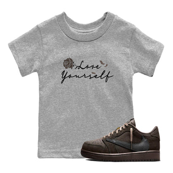 Air Jordan 1 Travis Scott Velvet Brown shirts to match jordans Love Yourself sneaker match tees Travis Scott x Air Jordan 1 Low OG Velvet Brown best t shirts to wear with jordans SNRT Sneaker Tees Youth Baby Heather Grey 1 tee