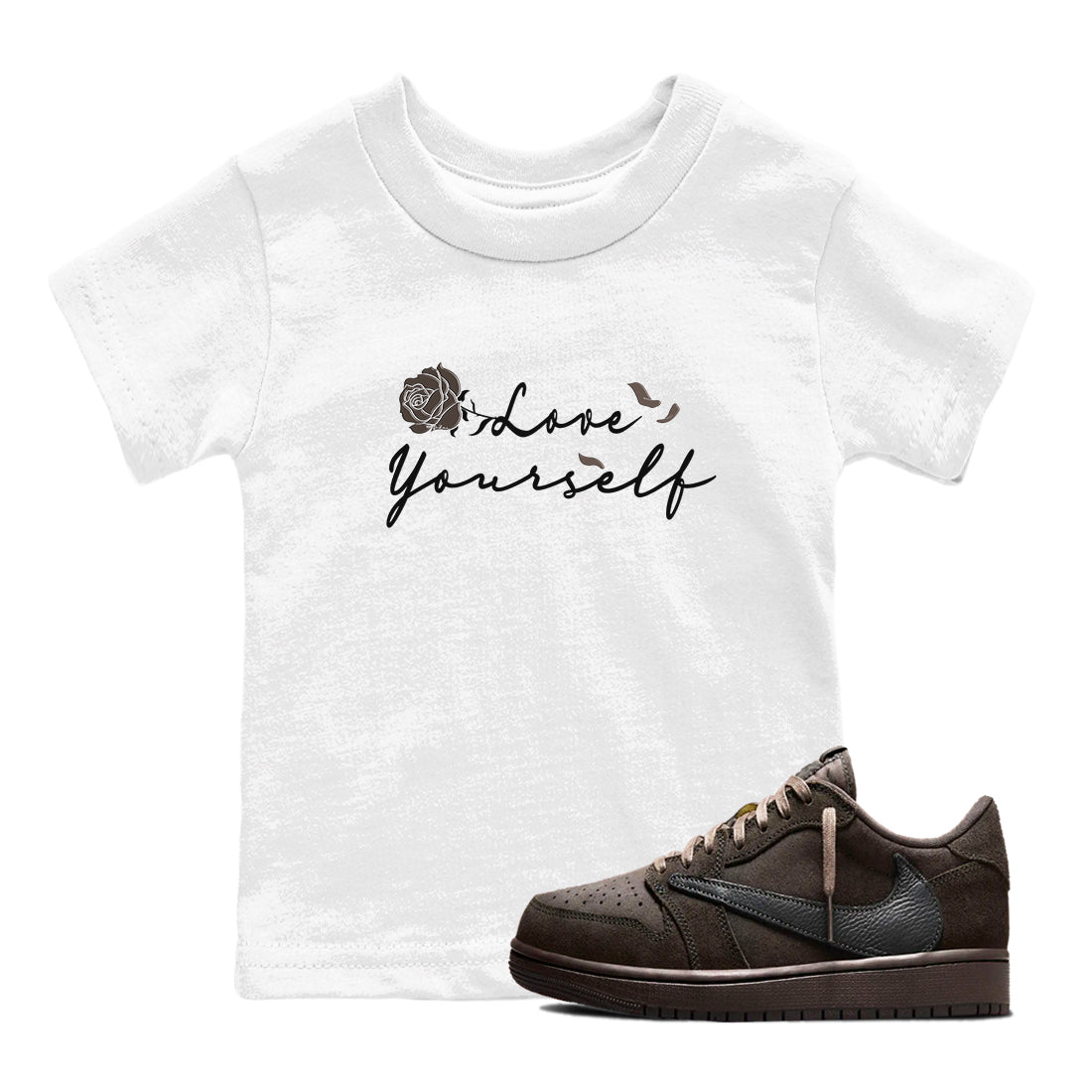 Air Jordan 1 Travis Scott Velvet Brown shirts to match jordans Love Yourself sneaker match tees Travis Scott x Air Jordan 1 Low OG Velvet Brown best t shirts to wear with jordans SNRT Sneaker Tees Youth Baby White 1 tee
