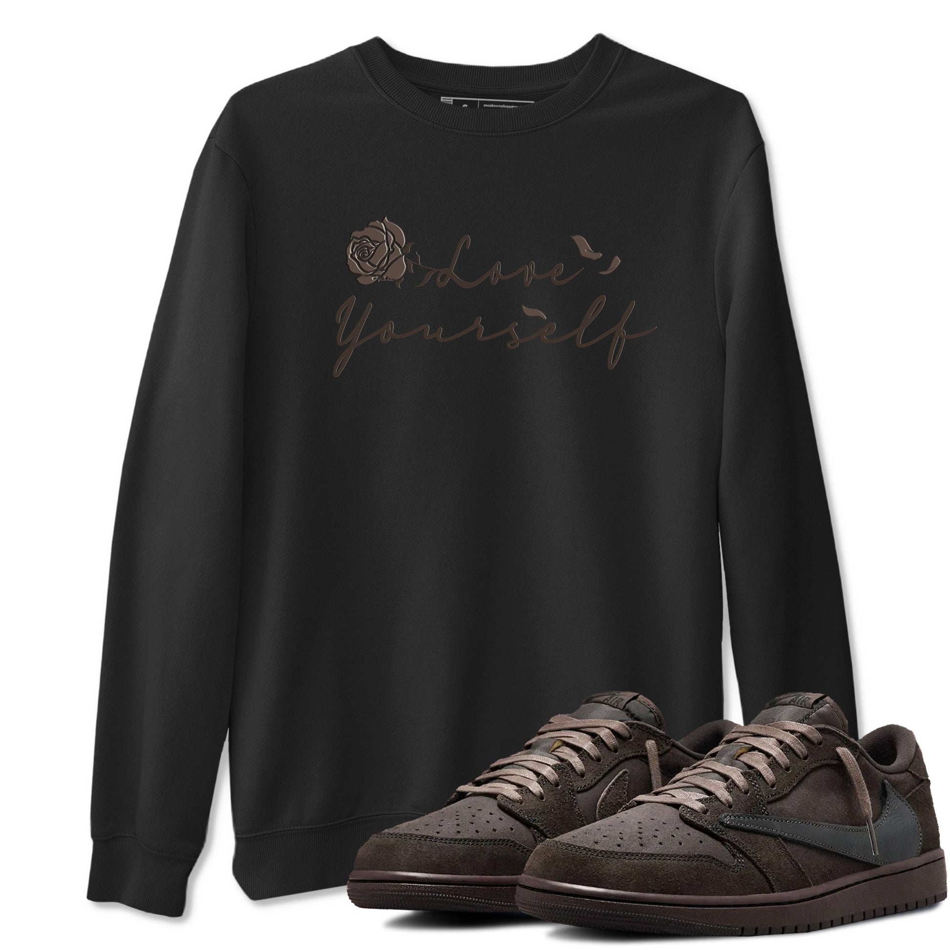 Air Jordan 1 Travis Scott Velvet Brown shirts to match jordans Love Yourself sneaker match tees Travis Scott x Air Jordan 1 Low OG Velvet Brown best t shirts to wear with jordans SNRT Sneaker Tees unisex cotton Black 1 shirts