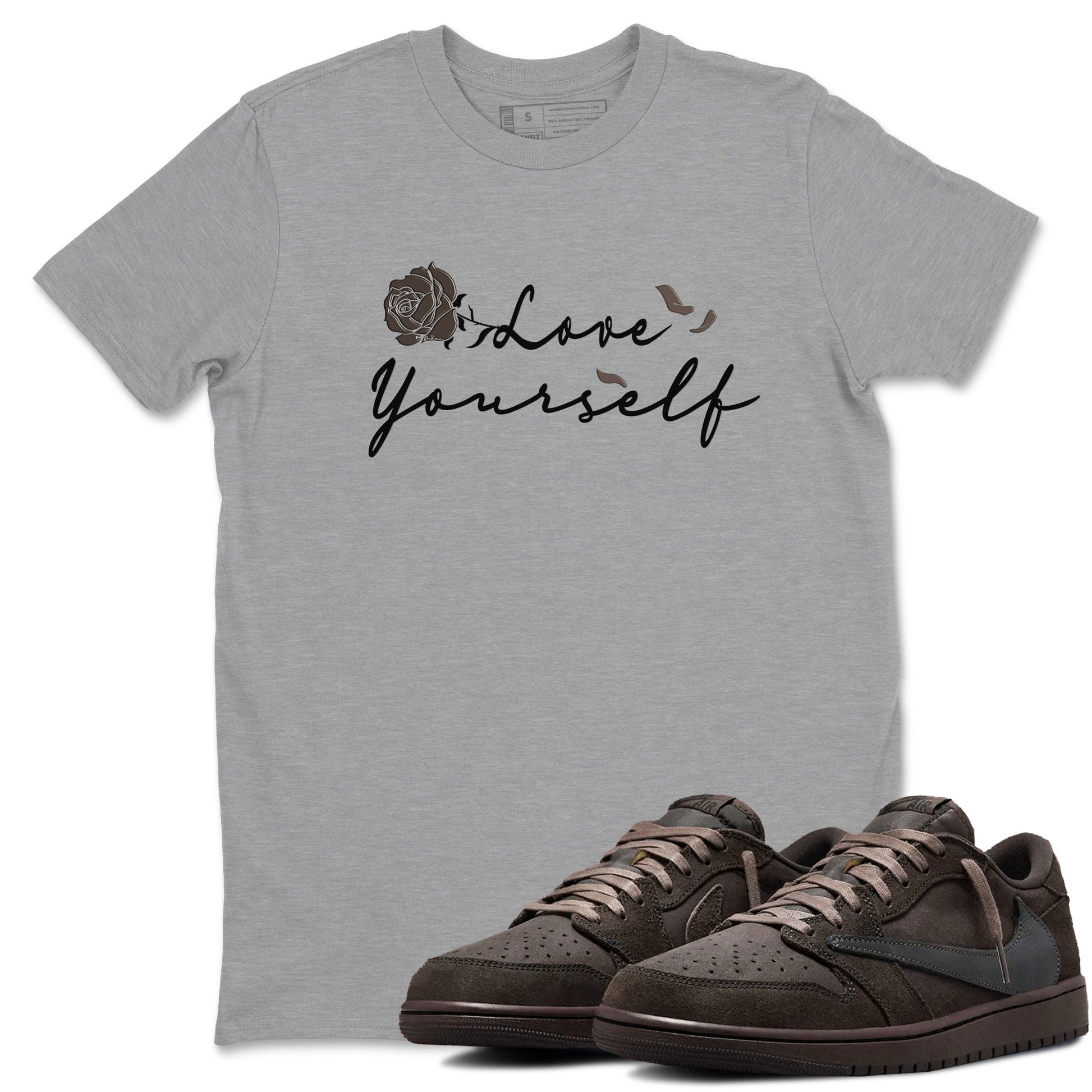Air Jordan 1 Travis Scott Velvet Brown shirts to match jordans Love Yourself sneaker match tees Travis Scott x Air Jordan 1 Low OG Velvet Brown best t shirts to wear with jordans SNRT Sneaker Tees unisex cotton Heather Grey 1 shirts