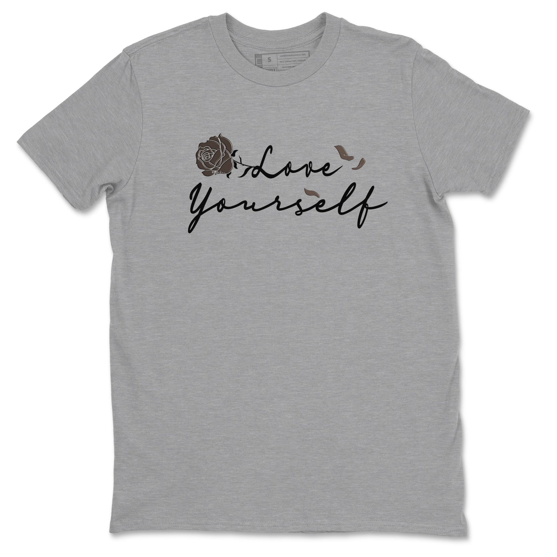 Air Jordan 1 Travis Scott Velvet Brown shirts to match jordans Love Yourself sneaker match tees Travis Scott x Air Jordan 1 Low OG Velvet Brown best t shirts to wear with jordans SNRT Sneaker Tees unisex cotton Heather Grey 2 shirts