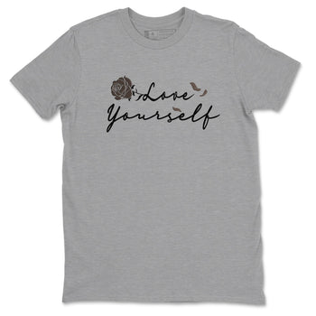 Air Jordan 1 Travis Scott Velvet Brown shirts to match jordans Love Yourself sneaker match tees Travis Scott x Air Jordan 1 Low OG Velvet Brown best t shirts to wear with jordans SNRT Sneaker Tees unisex cotton Heather Grey 2 shirts