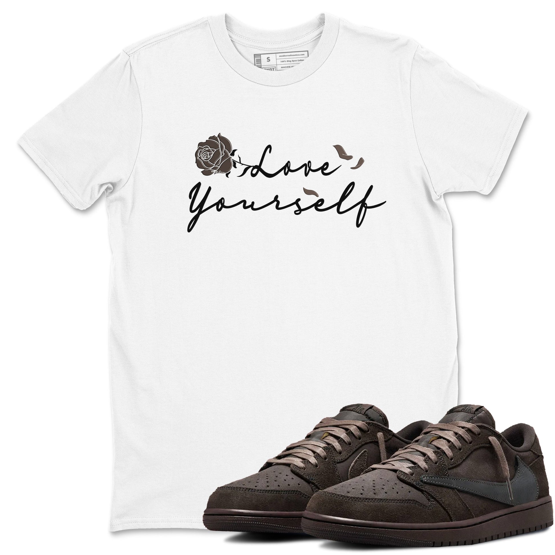 Air Jordan 1 Travis Scott Velvet Brown shirts to match jordans Love Yourself sneaker match tees Travis Scott x Air Jordan 1 Low OG Velvet Brown best t shirts to wear with jordans SNRT Sneaker Tees unisex cotton White 1 shirts