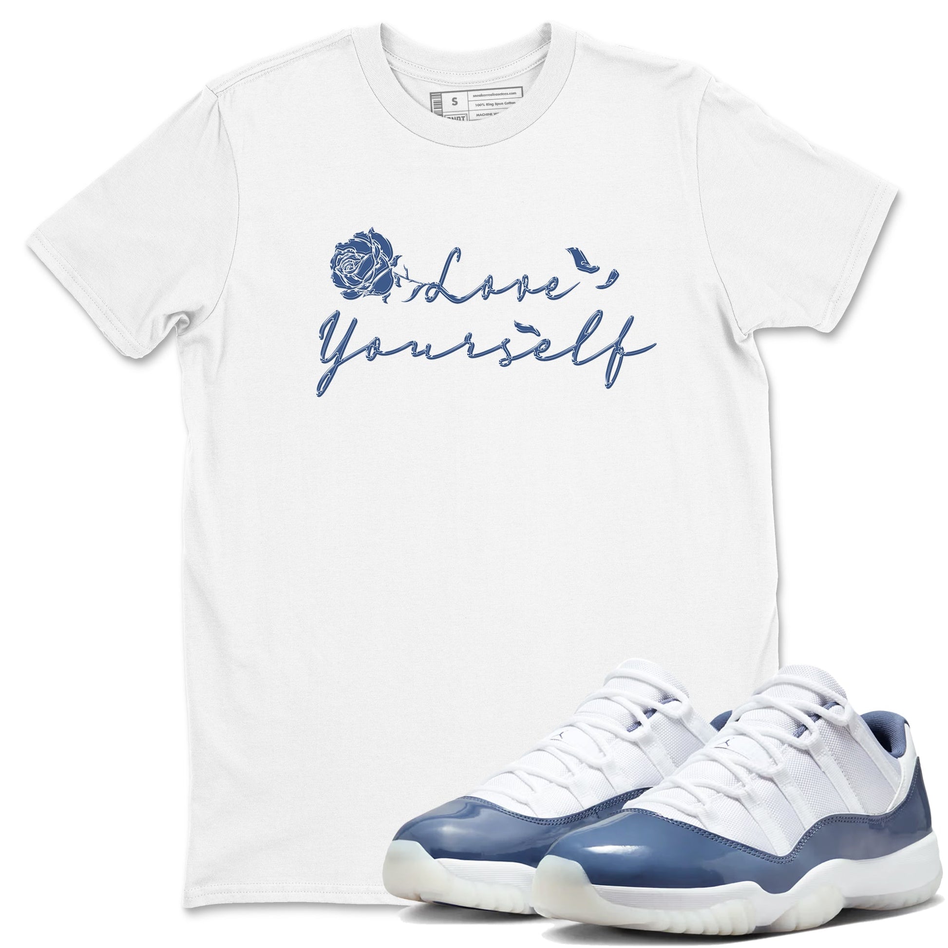 11s Diffused Blue Shirts To Match Jordans Love Yourself sneaker match tees Air Jordan 11 Diffused Blue Tee SNRT Sneaker Release Tees unisex cotton White 1 crew neck shirts